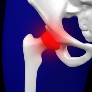 Hip Bursitis highlighted with a red spot on the bone. 3D rendering.